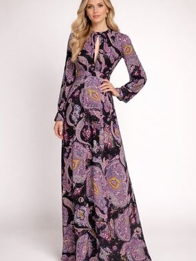 Express Purple Paisley Keyhole Long-Sleeve Maxi Dress